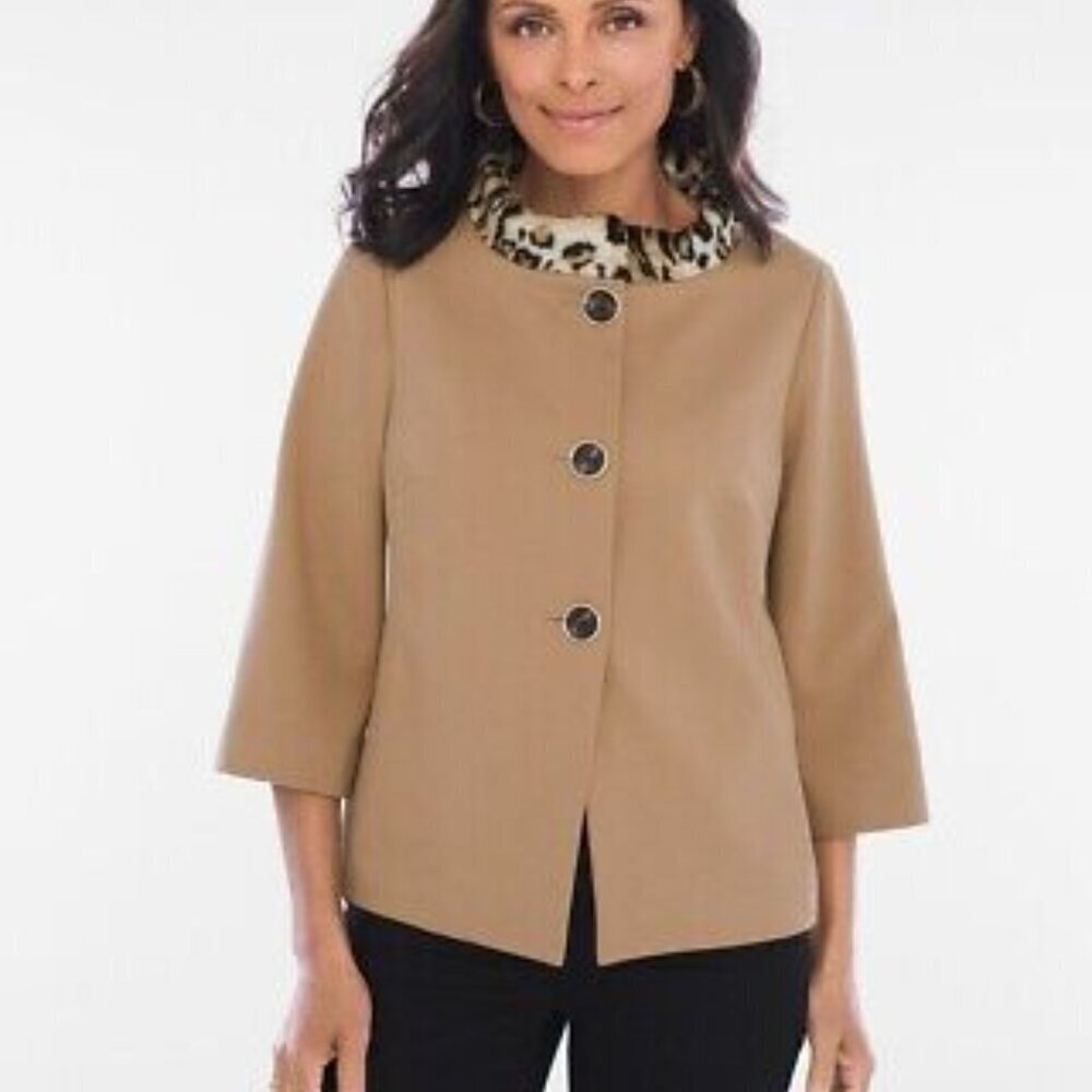 Chico's Size 1 Women's Faux Fur Animal Collar Jacket Button Front Tan Cheetah M
